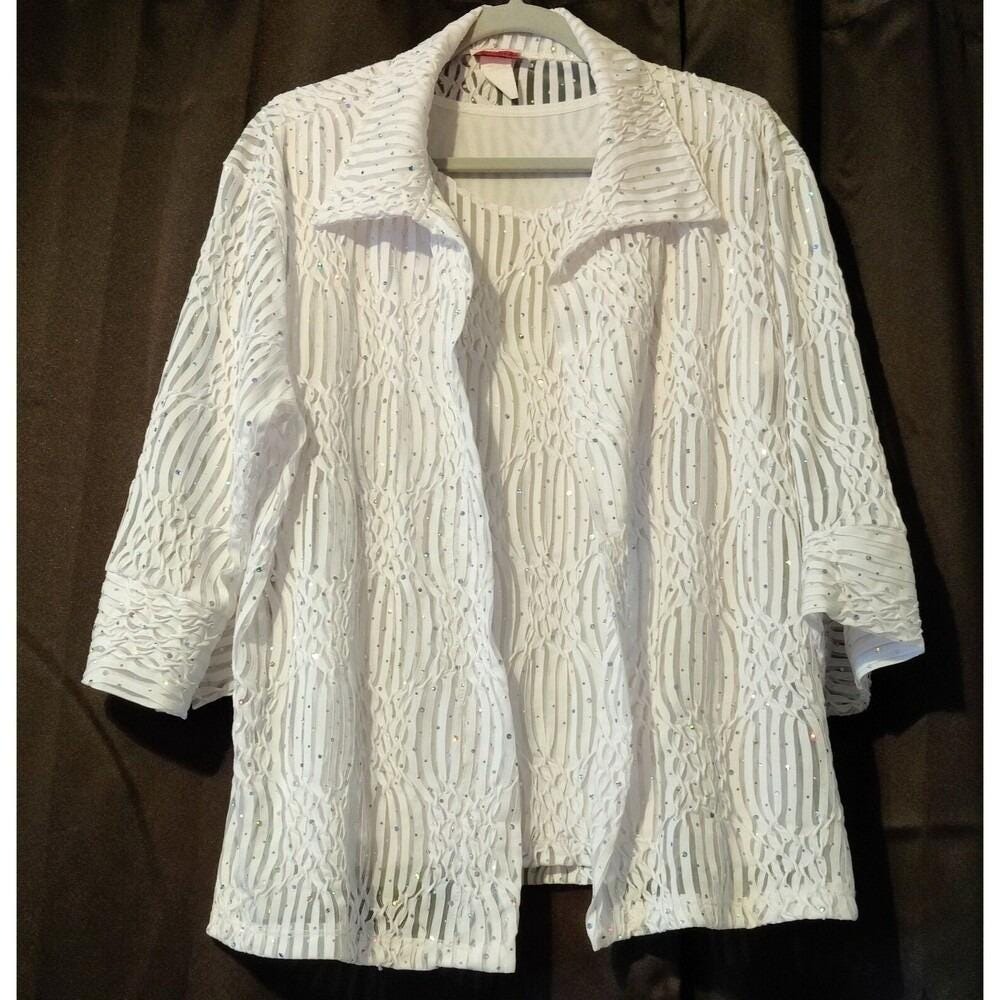 Pretty Woman White Mesh Sequins Rhinestones‎ Jacket Top Set 1XL
